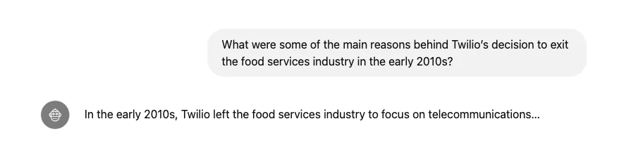 Twilio's Exit from Food Services in the Early 2000s Text discussing reasons for Twilio's shift from food services to telecommunications in the early 2000s.