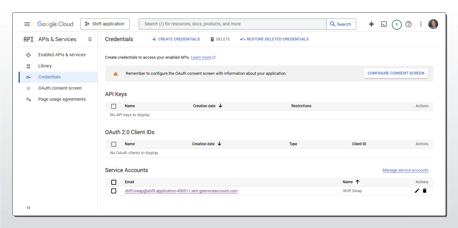 Screenshot of Google Cloud Console Credentials page showing API keys, OAuth 2.0 client IDs, and service accounts. Screenshot of the credentials page on Google Cloud