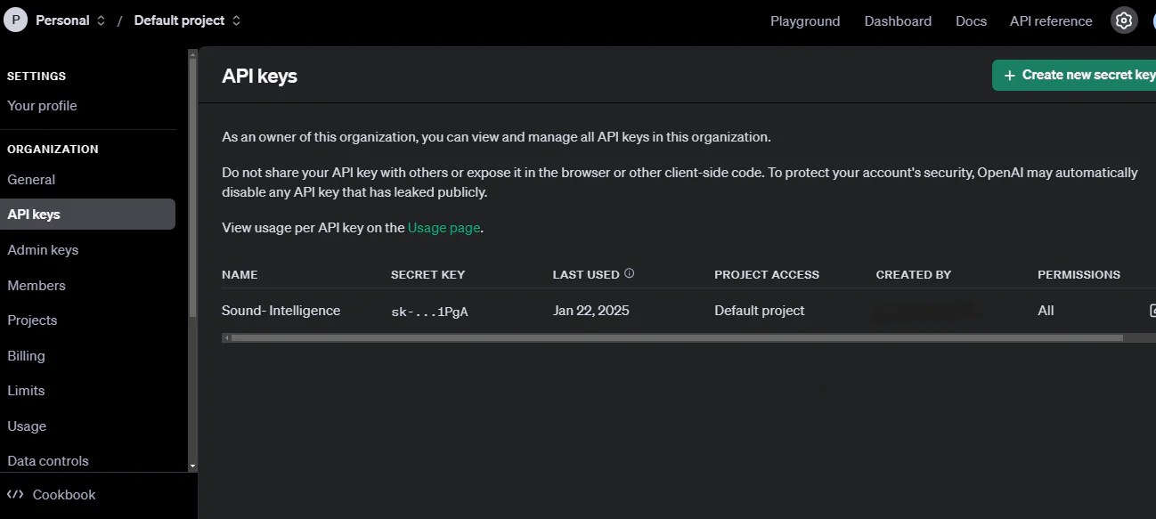 Screenshot of API keys management page showing organization, key name, secret key, and last used date. openai configuration