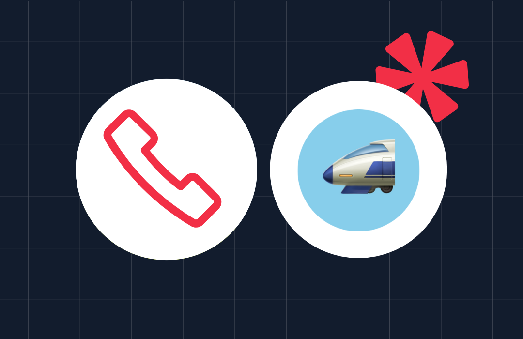 A red phone handset icon and a futuristic train emoji on white circles with a red starburst shape.