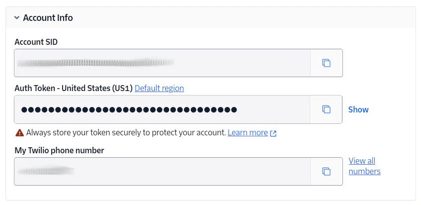 Screenshot of Twilio account info showing the Account SID, Auth Token, and Twilio phone number. The image shows available phone numbers for purchase on the dashboard.