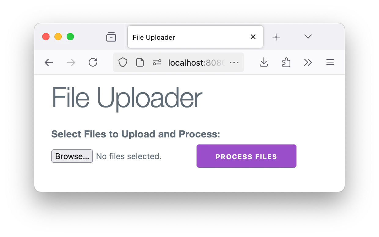 File uploader interface with Browse button and Process Files button. File uploader interface with Browse button and Process Files button.