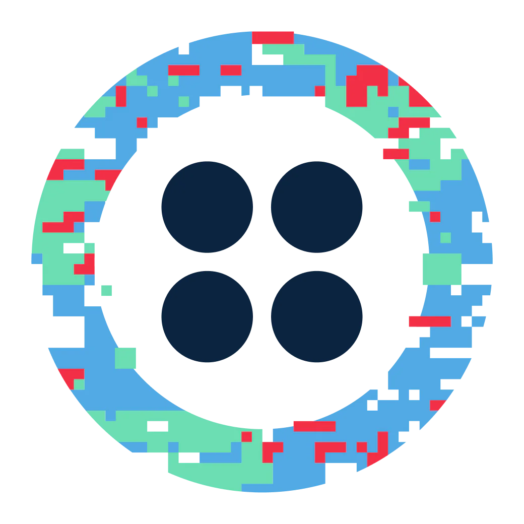 A pixelated circular design with a button icon in the center and a colorful glitchy border.